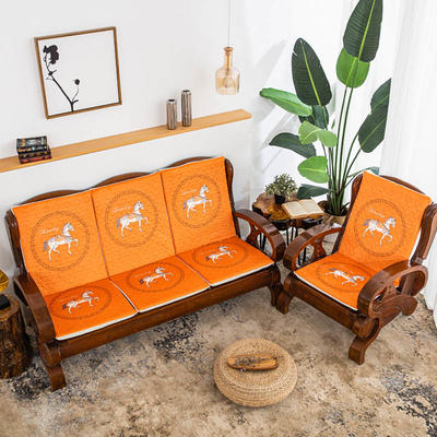 2022新款水晶绒实木沙发坐垫高密海绵沙发垫连体带靠背椅垫乳胶垫 单人长55cm 白马 橙