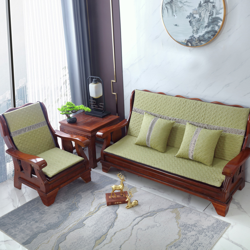 2023新款棉麻中式沙发垫坐垫带靠背连体海绵椅垫老式沙发坐垫 小号50x45x60cm硬质棉 相思格-草绿