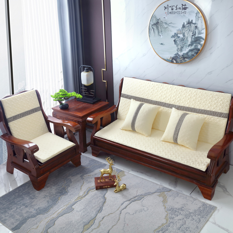 2023新款棉麻中式沙发垫坐垫带靠背连体海绵椅垫老式沙发坐垫 小号50x45x60cm硬质棉 相思格-米白