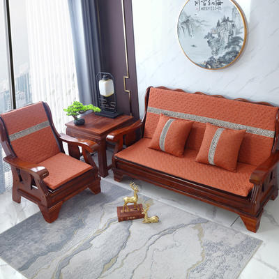 2023新款棉麻中式沙发垫坐垫带靠背连体海绵椅垫老式沙发坐垫 小号50x45x60cm硬质棉 相思格-锈红