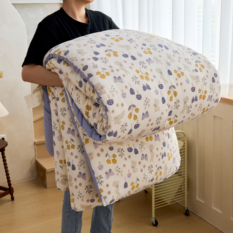 100%棉花被带检测口春秋被棉被冬被加厚冬季被 花兔紫栖