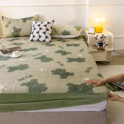 2023年新款 牛奶绒大豆纤维夹棉床笠 床垫保护罩  提取码：ning 48x74cm（枕套二个） 牛奶绒床笠-绿色熊