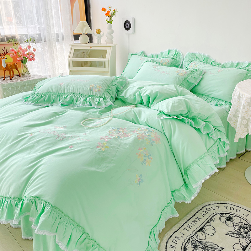 2024全棉韩版公主风少女心韩版刺绣四件套 1.8m（6英尺）床 绿色