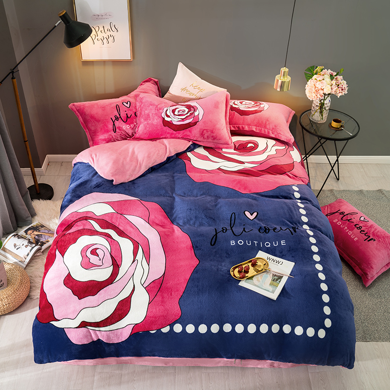 2019新款-法莱绒印花卡通大版四件套 1.8m（6英尺）床/床单款 玫瑰细雨