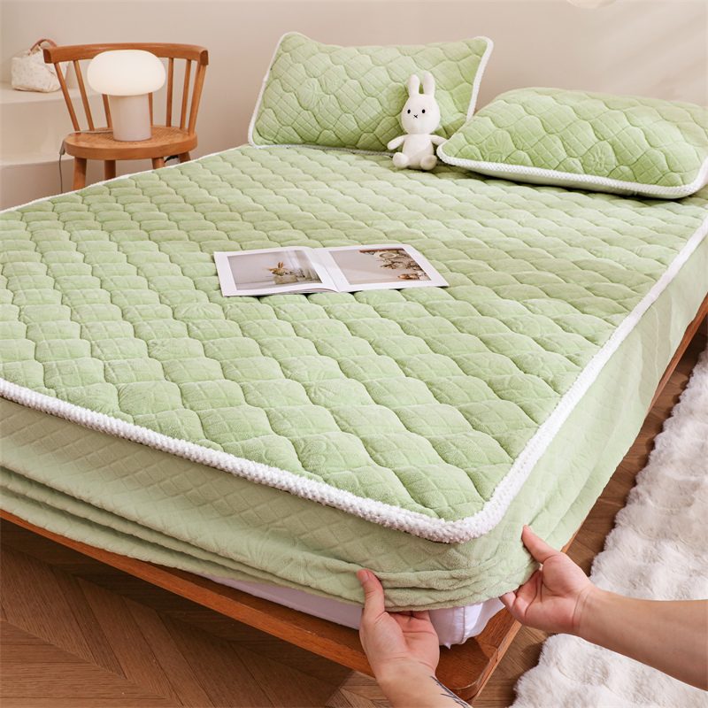 2025新款5D雕花牛奶绒加厚夹棉床笠床垫保护套 抹茶绿-5D雕花夹棉