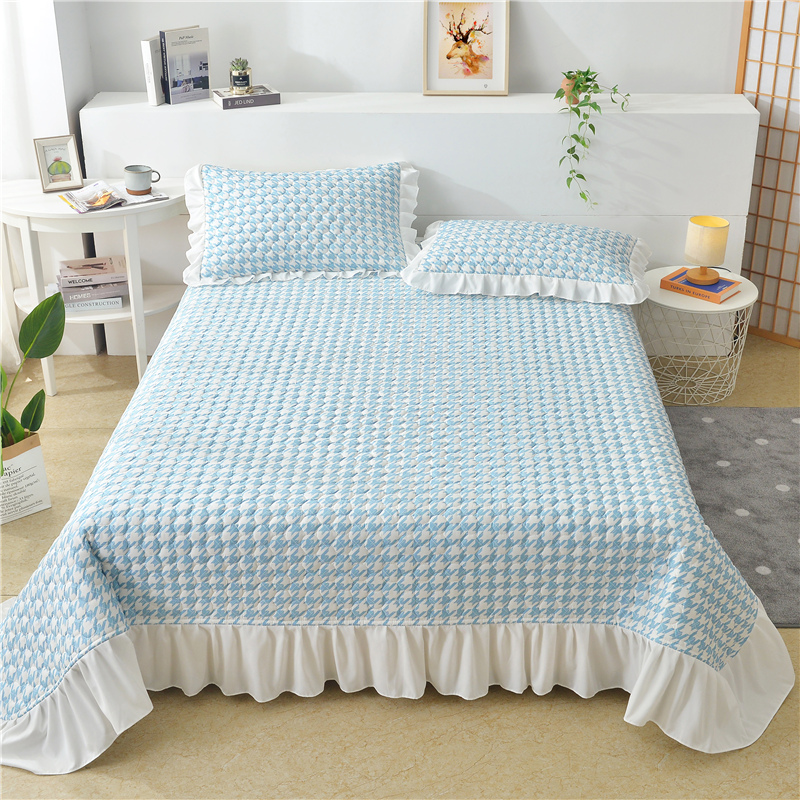 2022新款13372全棉床盖毯床护垫 210x245cm（适合0.9和1.2米床） 千鸟格蓝
