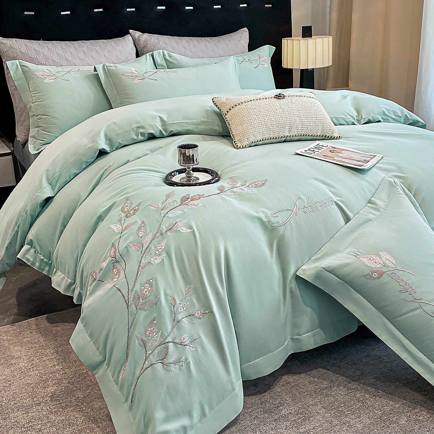 2025新款贡缎60s长绒棉磨毛四件套-家大业大 家大业大-茶香绿