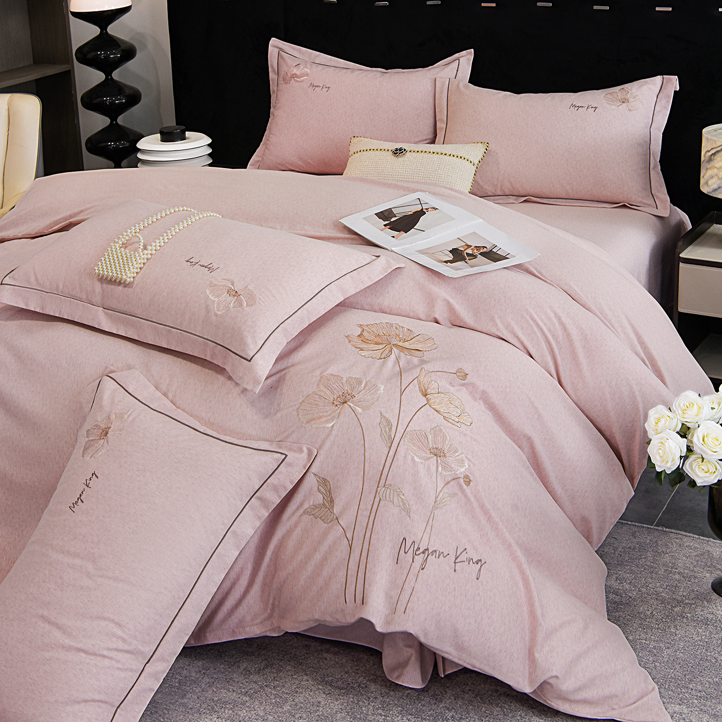 2025新款肌理磨毛刺绣四件套-欣欣向荣 欣欣向荣-灰粉