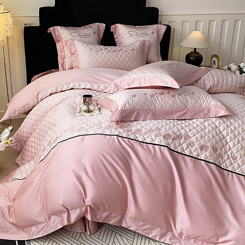 2025新款A类长绒棉刺绣绗棉四件套-卡洛琳 卡洛琳-草莓粉