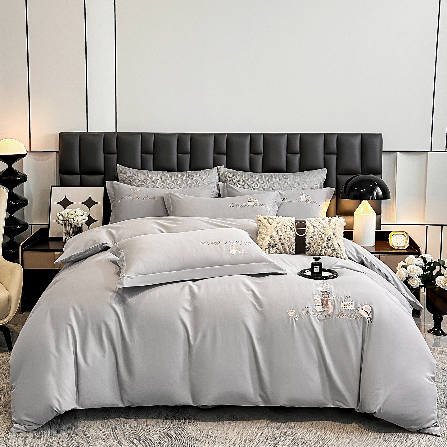 2025新款全棉磨毛刺绣四件套-伊暖 伊暖-阿玛尼灰