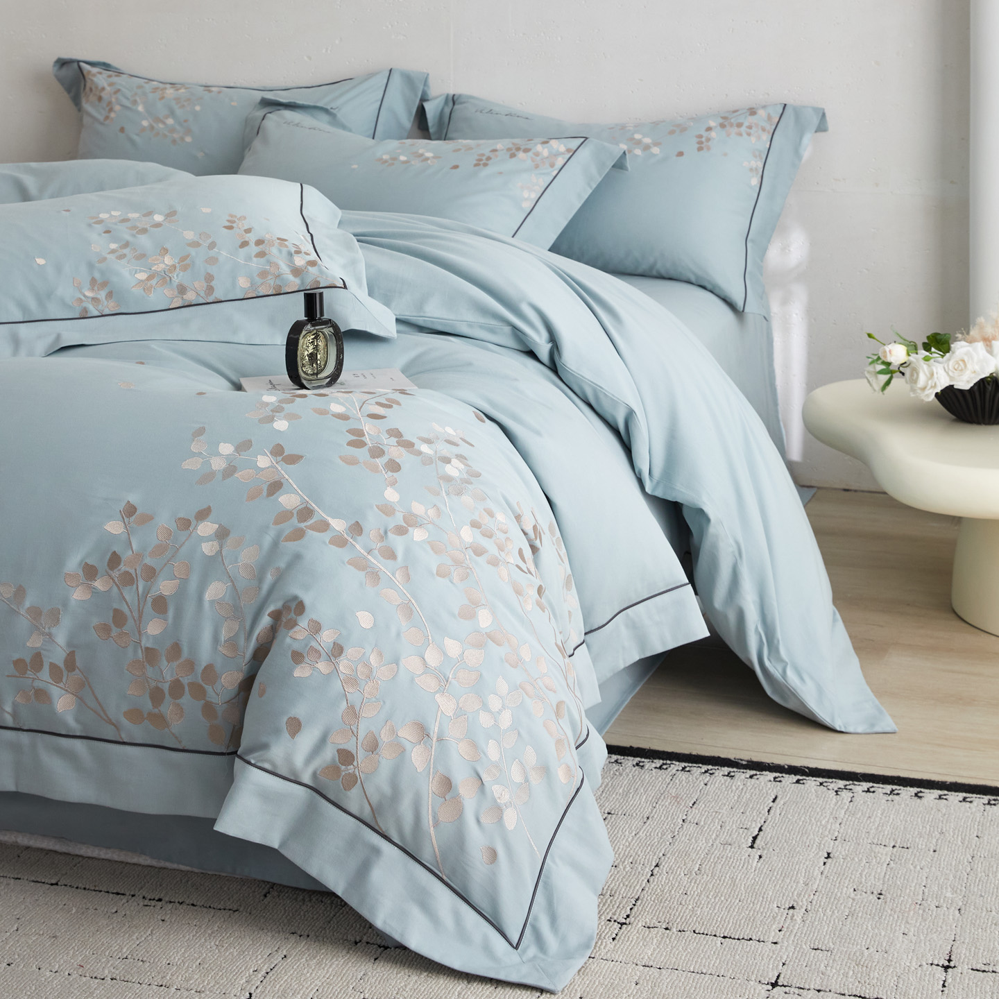 2025新款全棉加厚磨毛四件套-知秋系列 水蓝