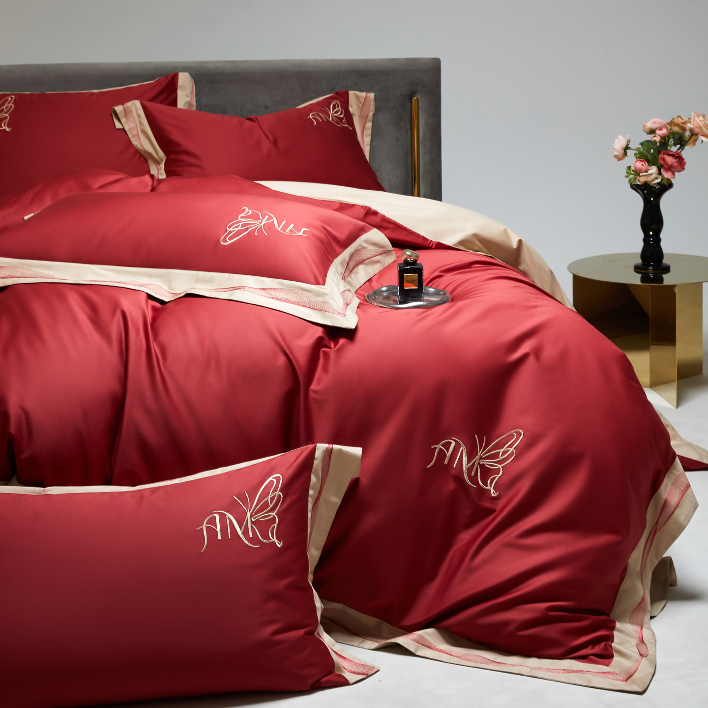 2025新款100S全棉CR工艺极简轻奢刺绣四件套-奢尚系列 红香槟