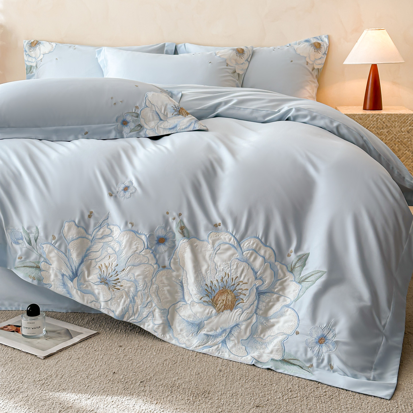 2026新款 100S全棉CR工艺极简轻奢刺绣四件套全棉四件套-花漫系列-风格二 花漫-蓝色