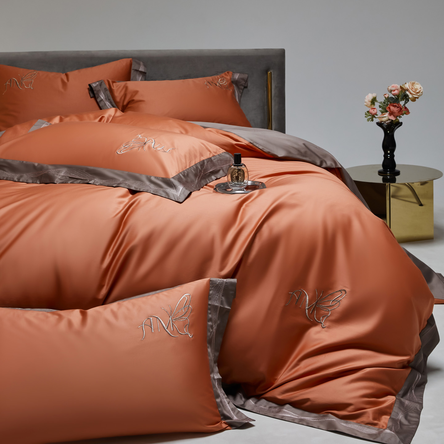 2025新款100S全棉CR工艺极简轻奢刺绣四件套-奢尚系列 桔咖