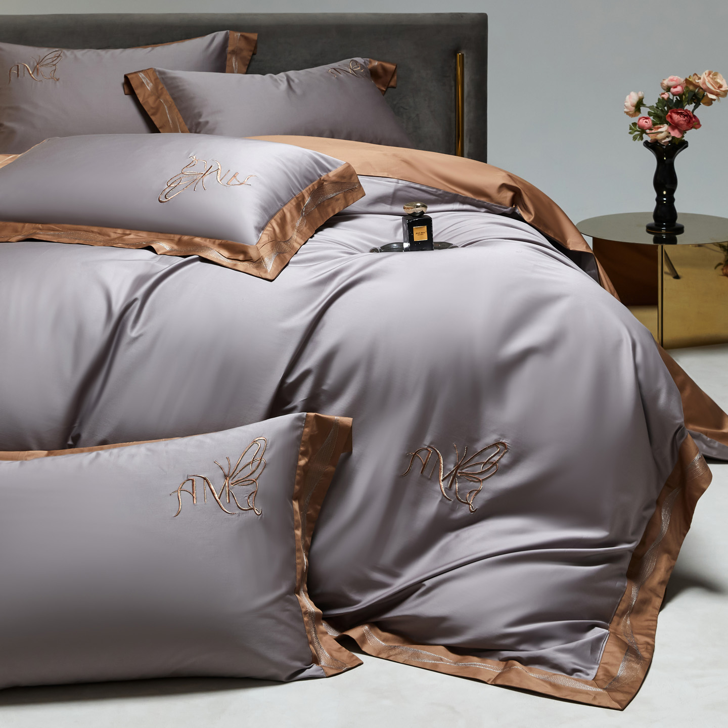 2025新款100S全棉CR工艺极简轻奢刺绣四件套-奢尚系列 灰咖啡