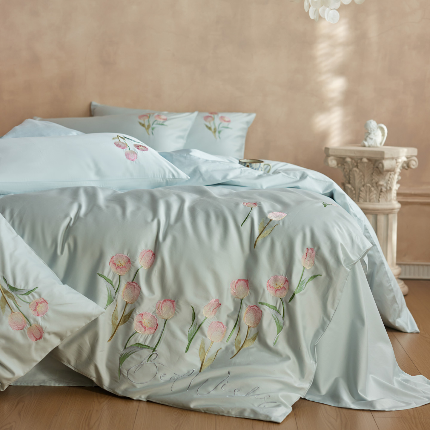 2026新款100S全棉CR工艺极简轻奢刺绣四件套-花海郁金系列风格一 花海郁金-蓝色