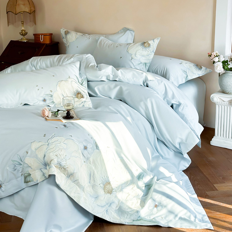 2026新款 100S全棉CR工艺极简轻奢刺绣四件套 全棉四件套-花漫系列-风格一 花漫-蓝