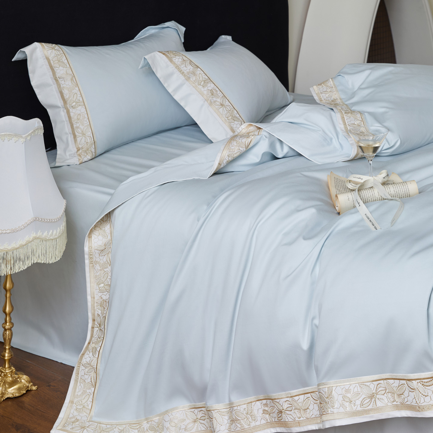 2025新款100S全棉CR工艺极简轻奢刺绣四件套-艾薇琳系列（风格一） 云天蓝