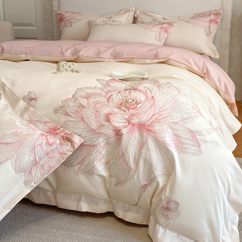 2025新款100s全棉CR工艺极简轻奢刺绣四件套-沉醉系列  沉醉-白粉