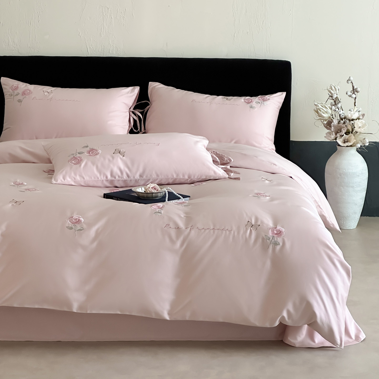 2025新款100s全棉CR工艺极简轻奢刺绣四件套-洛神玫瑰 洛神玫瑰-粉