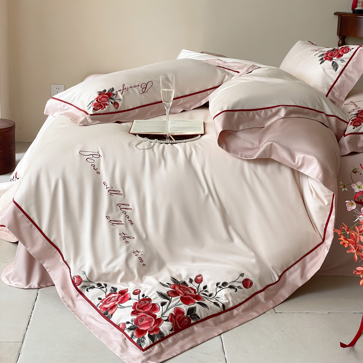 2025新款100S全棉CR工艺极简轻奢刺绣四件套-玫瑰庄园系列 玫瑰庄园-粉佳人