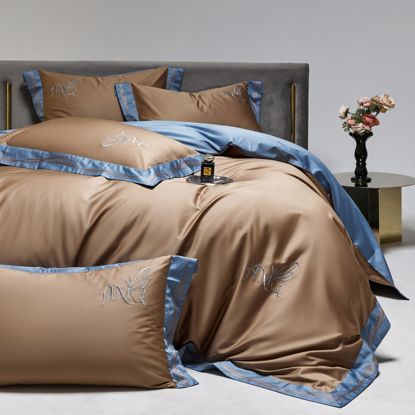 2025新款100S全棉CR工艺极简轻奢刺绣四件套-奢尚系列 咖啡蓝
