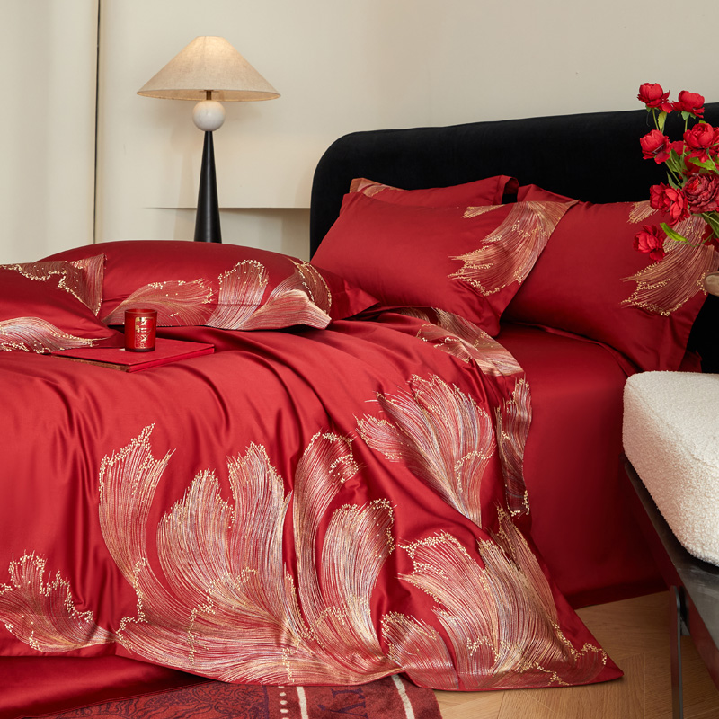 2025新款100S全棉CR工艺极简轻奢刺绣四件套-鎏光疏影 鎏光疏影-红丝绒