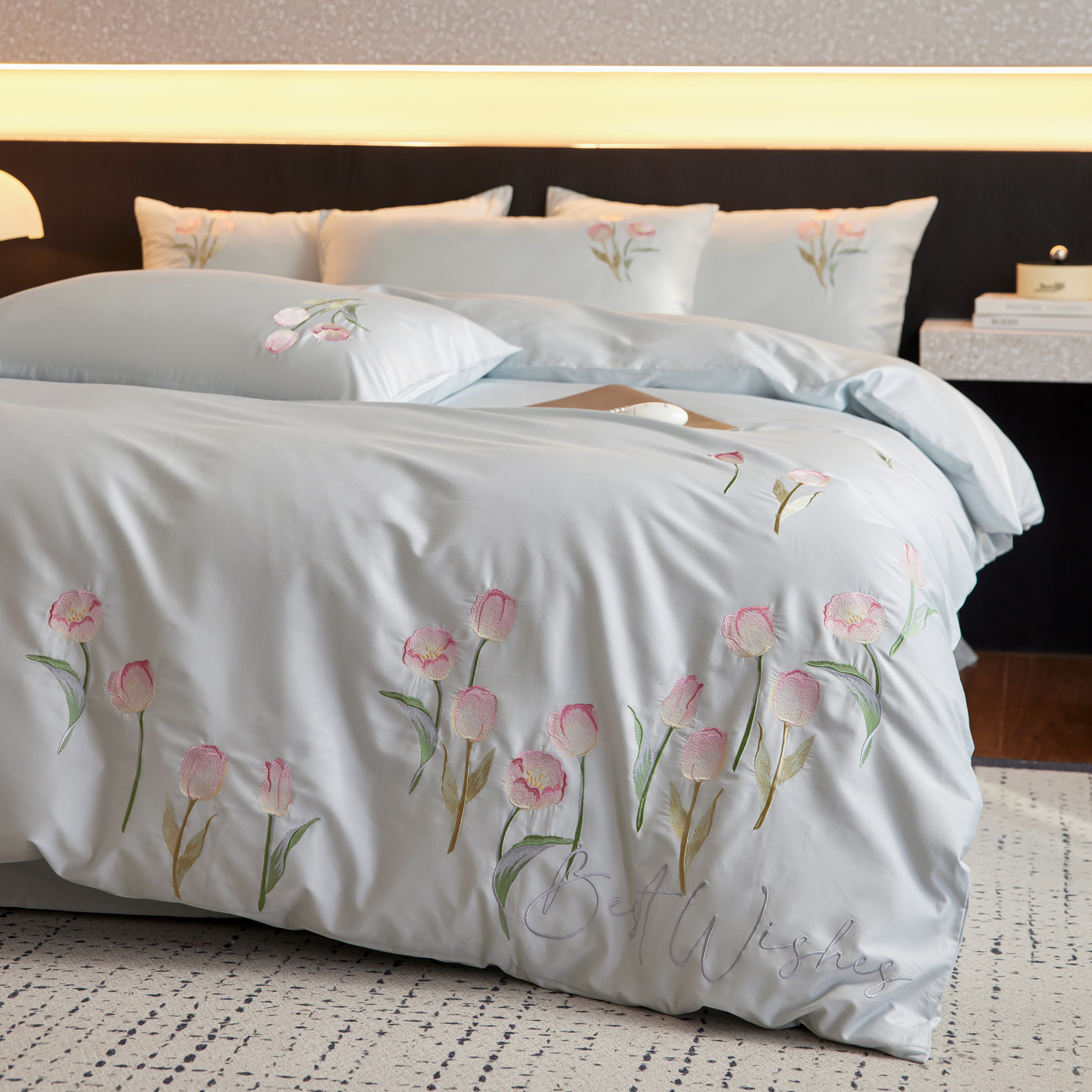 2026新款100S全棉CR工艺极简轻奢刺绣四件套-花海郁金系列风格二 花海郁金-蓝色