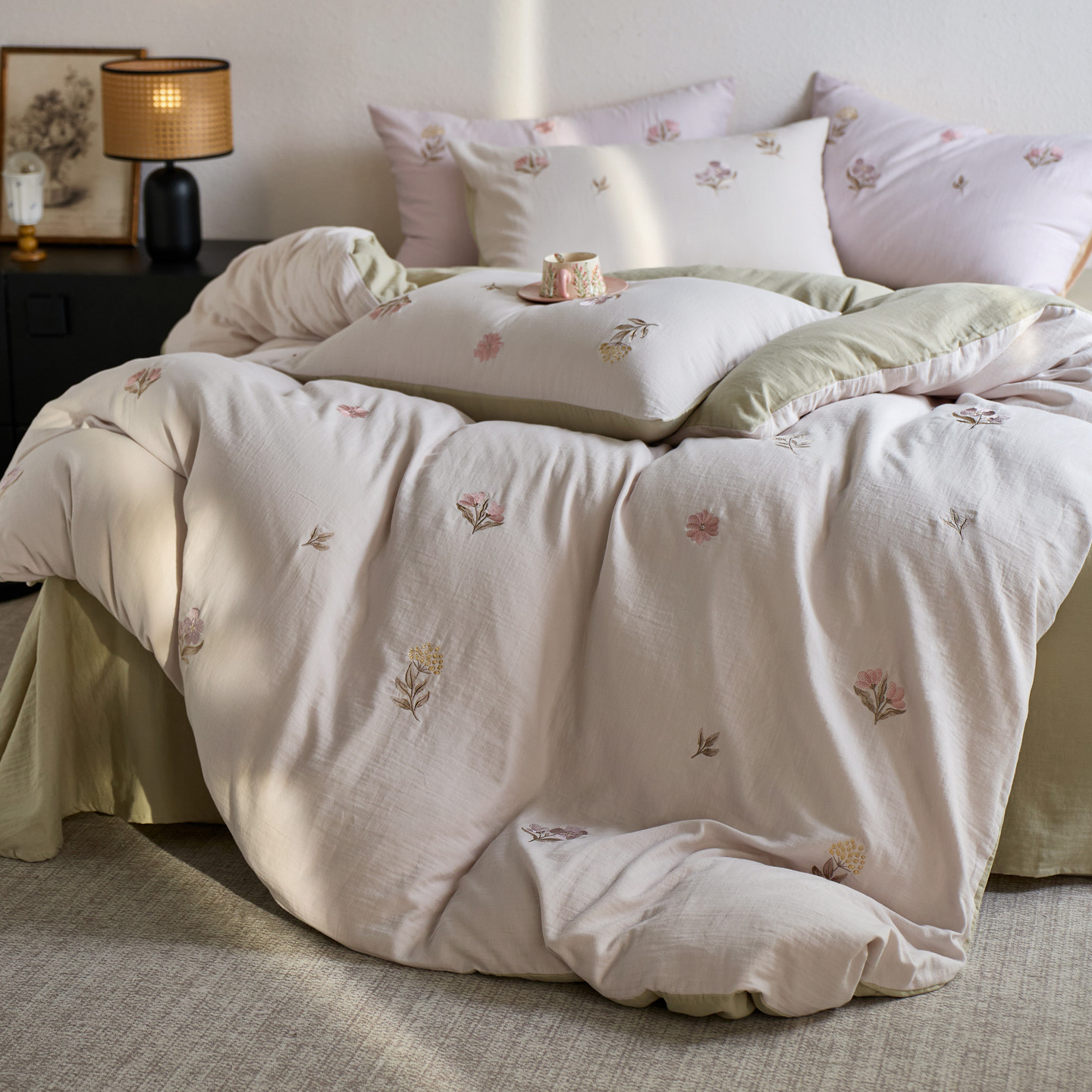 2025新款A类全棉水洗双层纱四件套-素境系列 素灰绿