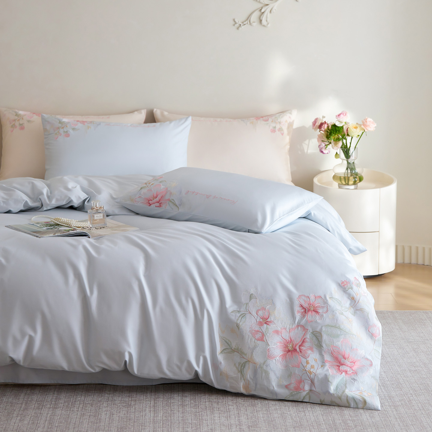 2026新款100S全棉CR工艺极简轻奢刺绣四件套-秘境系列 浅蓝