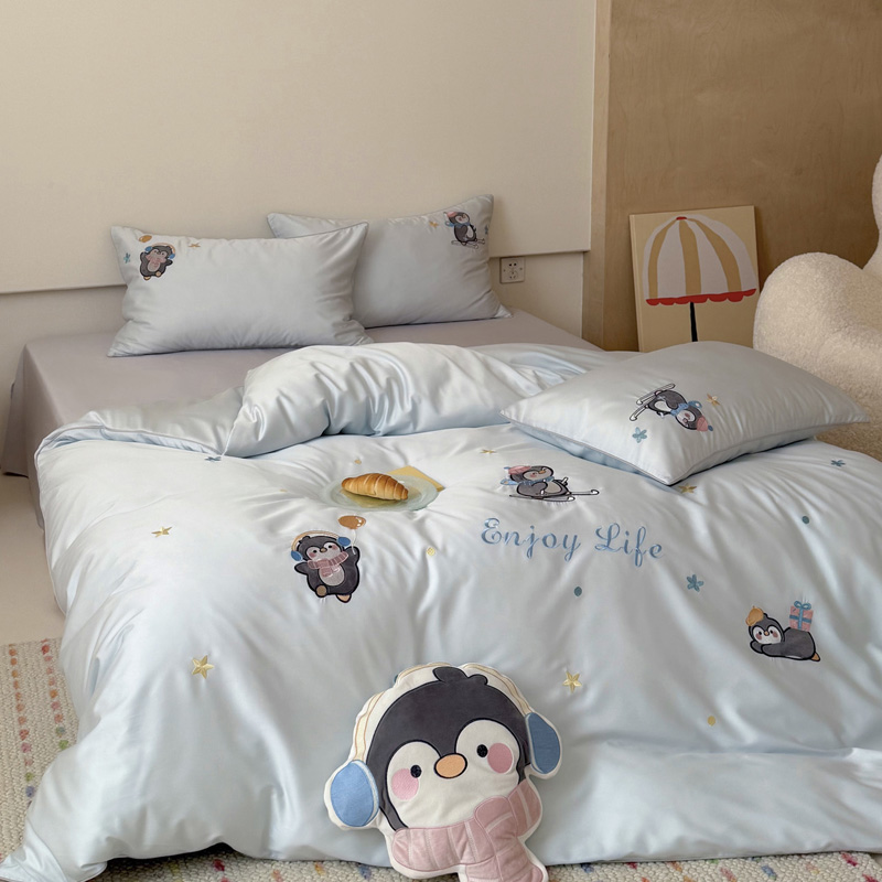 2026新款100S全棉CR工艺极简轻奢刺绣四件套-萌趣企鹅系列 萌趣企鹅-蓝灰