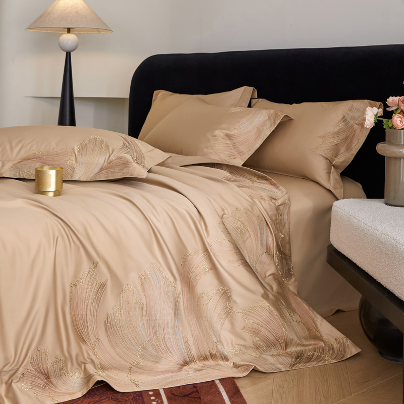 2025新款100S全棉CR工艺极简轻奢刺绣四件套-鎏光疏影 鎏光疏影-香槟色