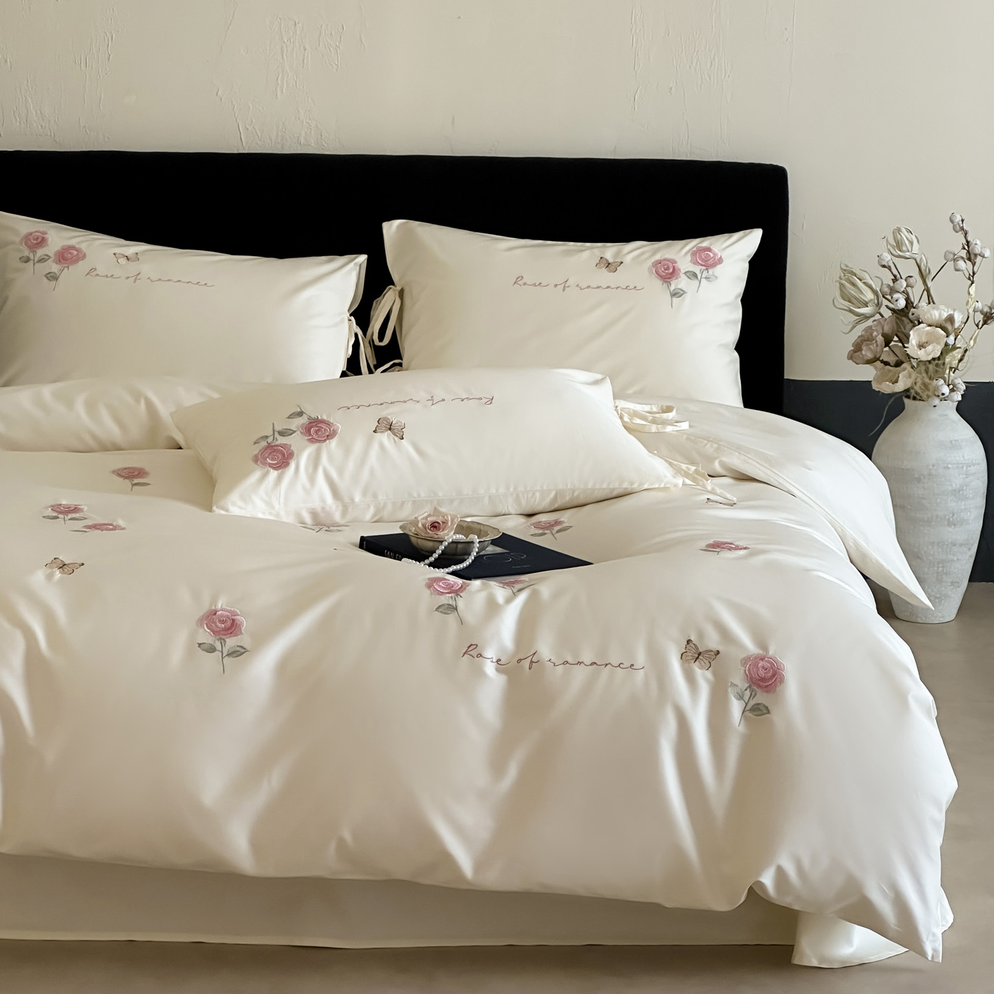 2025新款100s全棉CR工艺极简轻奢刺绣四件套-洛神玫瑰 洛神玫瑰-白