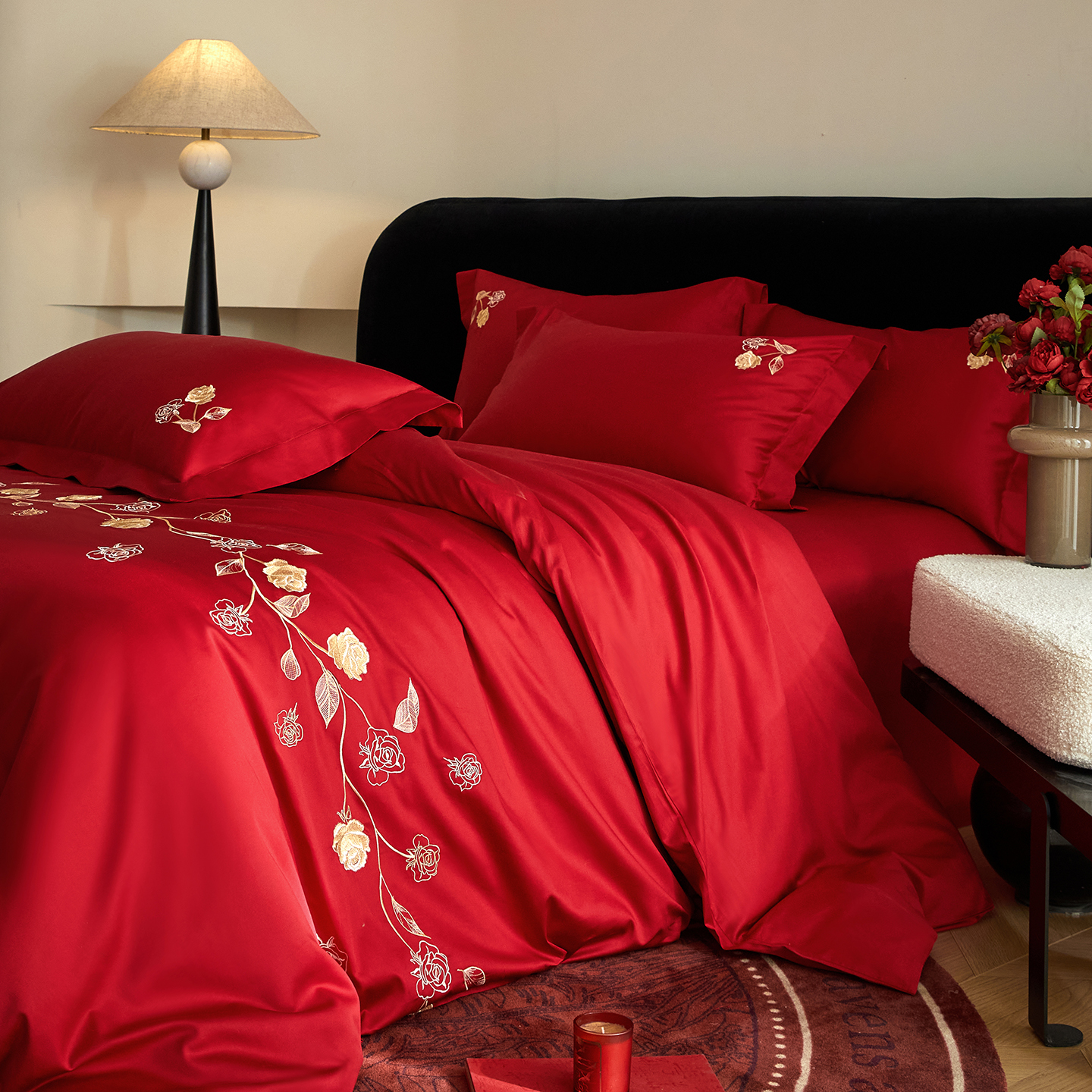 2025新款100S全棉CR工艺极简轻奢刺绣四件套-浪漫玫瑰系列 浪漫玫瑰