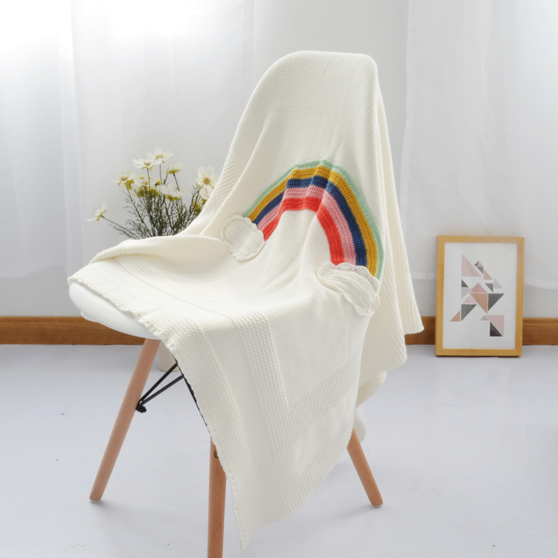 全棉针织婴童毯 沙发盖毯 婴儿抱被 彩虹针织毯 110*130cm 白色