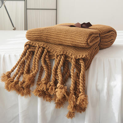 流苏针织毯 沙发毯 床尾毯 空调毯 粗针流苏毯 130*170cm 卡其