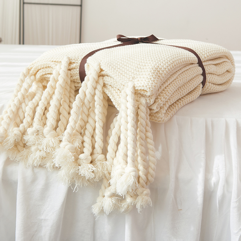 流苏针织毯 沙发毯 床尾毯 空调毯 粗针流苏毯 130*170cm 米色