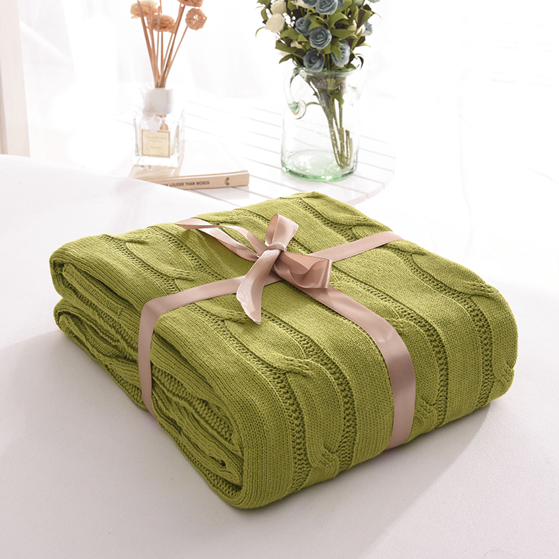 针织线毯 沙发盖毯 针织披肩 空调毯 大麻花针织毯 180*200cm 草木绿