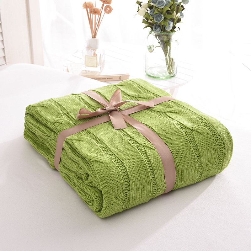针织线毯 沙发盖毯 针织披肩 空调毯 大麻花针织毯 180*200cm 果绿