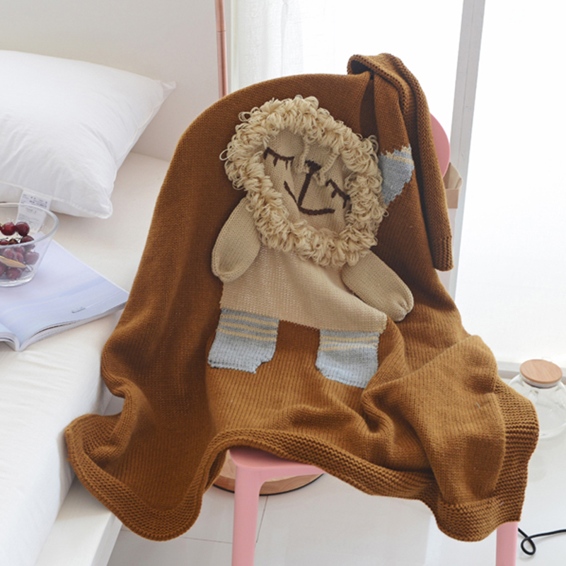 全棉针织婴童毯 沙发盖毯 婴儿抱被 大象狮子毯 110*130cm 立体狮子-咖色