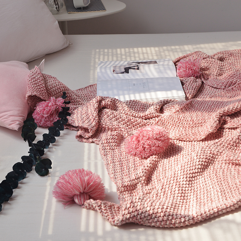 针织线毯 沙发盖毯 针织披肩 空调毯 灯笼球针织毯 130*170cm 灯笼球-玉粉色