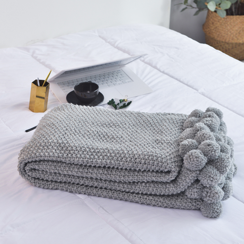 手工毛球针织线毯 沙发盖毯 针织披肩 空调毯 桂花针球球毯 130*160cm 灰色