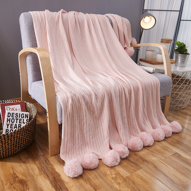 手工毛球针织线毯 沙发盖毯 针织披肩 空调毯 梨花球球毯 100*150cm 深粉色