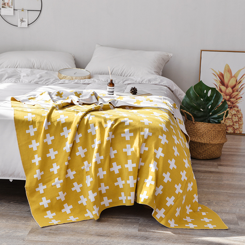 全棉针织婴童毯 沙发盖毯 婴儿抱被 十字 110*130cm 黄色