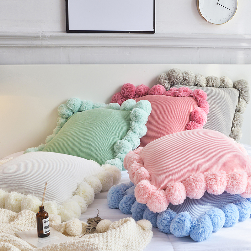 手工毛球抱枕 全棉球球抱枕 沙发靠垫 装饰靠垫 45x45cm 粉色