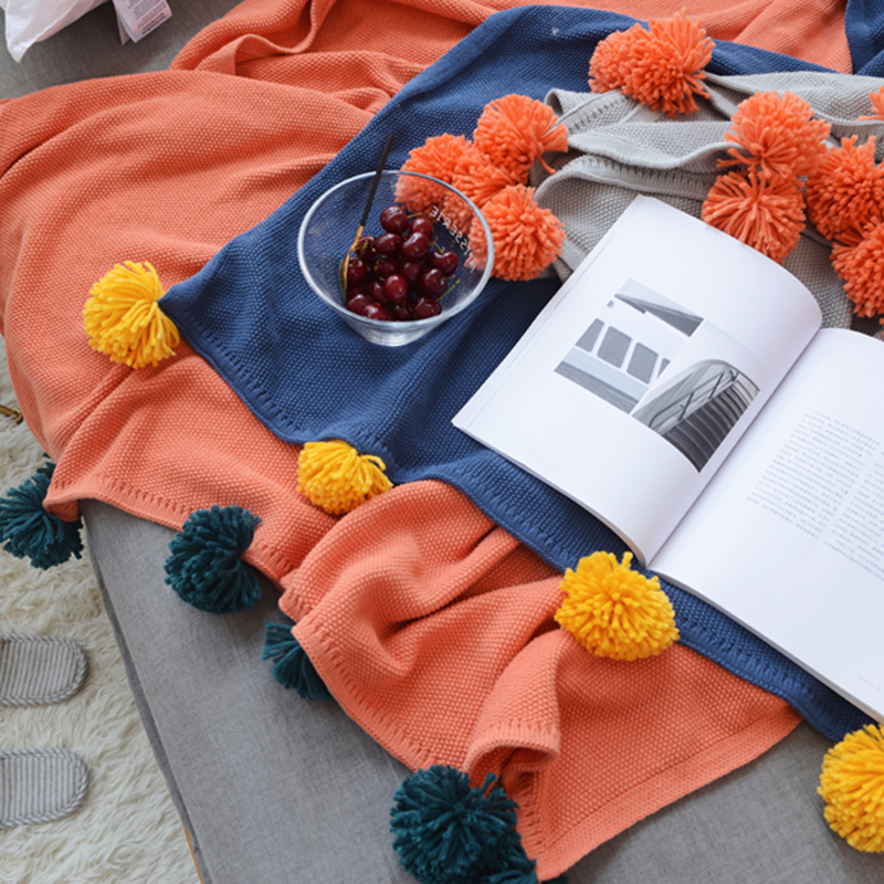 针织线毯 沙发盖毯 针织披肩 空调毯 撞色球球毯 130*160cm 橘色撞色
