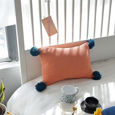 全棉手工毛球针织抱枕 沙发靠垫 撞色枕套 35*50cm 橘色