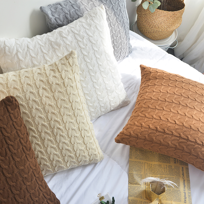 全棉针织抱枕 沙发靠垫 对绞麻花枕套 45x45cm 米色