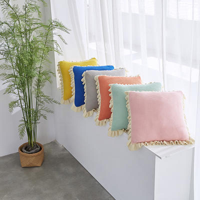 全棉针织抱枕 沙发靠垫 荷叶边枕套 45x45cm 粉色