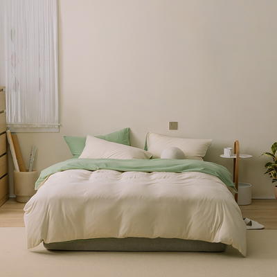 新款-针织棉纯色四件套极简风 1.2m床单款三件套 米白-豆绿